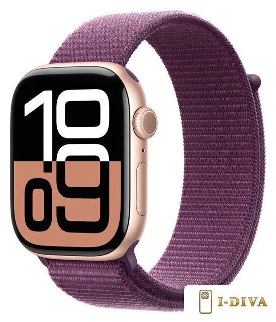 Умные часы Apple Watch Series 10 46 мм (алюминиевый корпус, розовое золото/сливовый, нейлоновый ремешок) - фото1